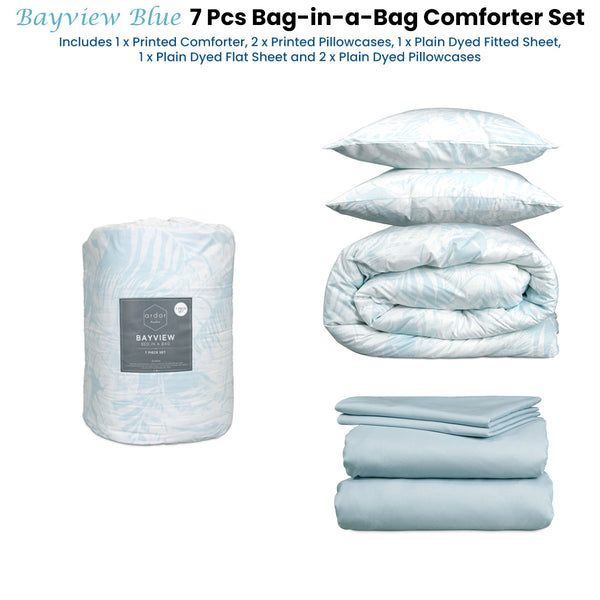 Ardor Bayview Palm Print 7 Pcs Bed In A Bag Comforter Sheet Set Queen Blue