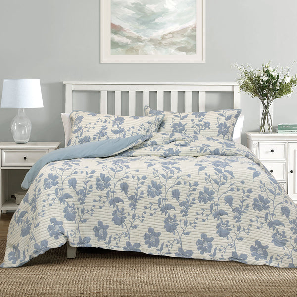 Algodon Abigail Floral Quilted Cotton Jacquard Quilt Doona Duvet Cover Blue King