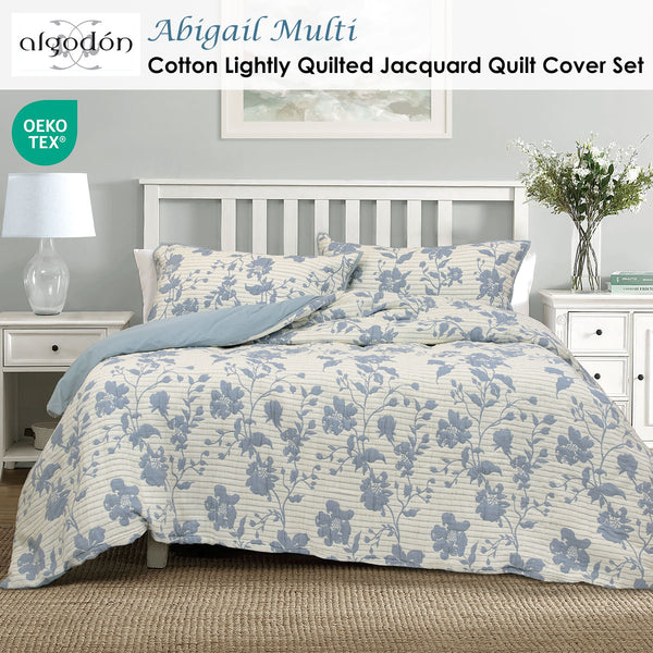Algodon Abigail Floral Quilted Cotton Jacquard Quilt Doona Duvet Cover Blue King