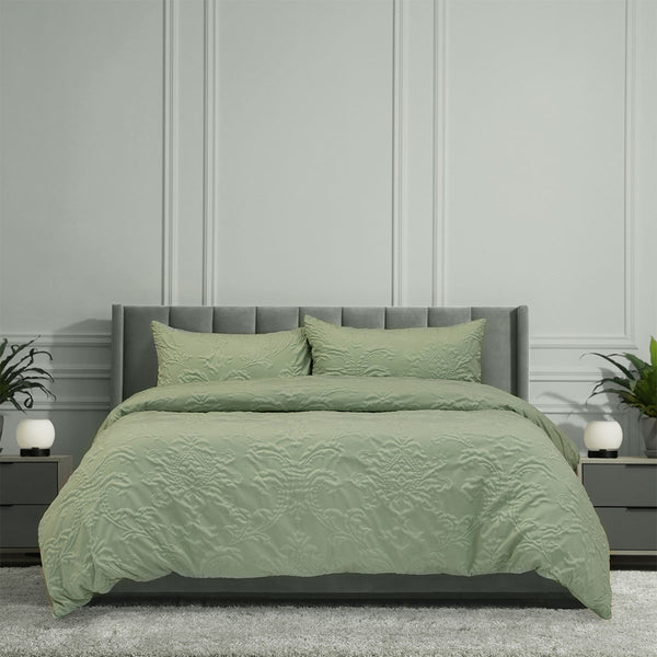 Ardor Adeline Jacquard Damask Quilt Doona Duvet Cover Set Sage Green Queen