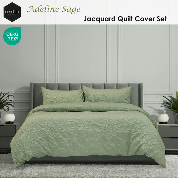 Ardor Adeline Jacquard Damask Quilt Doona Duvet Cover Set Sage Green Queen