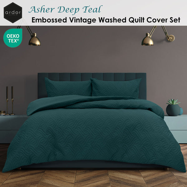 Ardor Asher Embossed Vintage Wash Quilt Doona Duvet Cover Deep Teal Queen