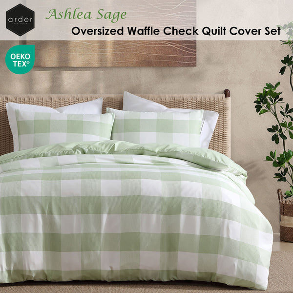 Ardor Ashlea Oversized Waffle Check Quilt Doona Duvet Cover Set Sage King
