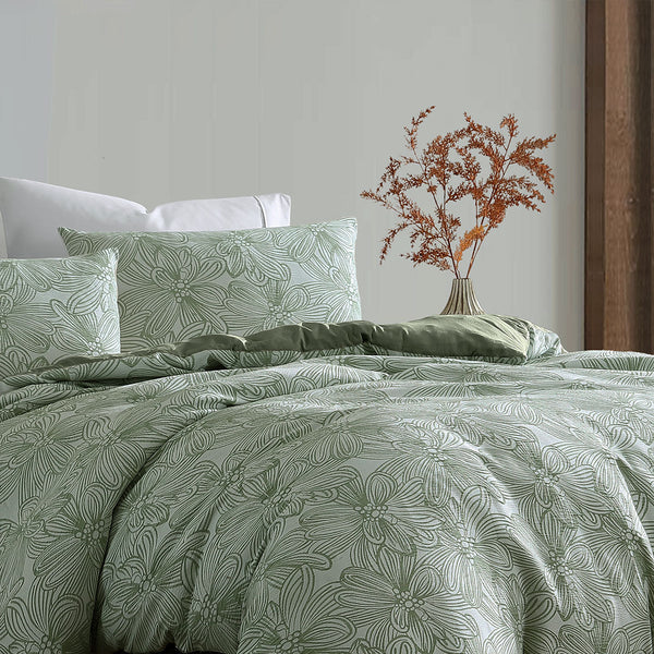 Ardor Avena Textured Floral Jacquard Quilt Doona Duvet Cover Green King