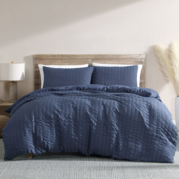 Ardor Byron Seersucker Quilt Doona Duvet Cover Set Navy Blue Queen