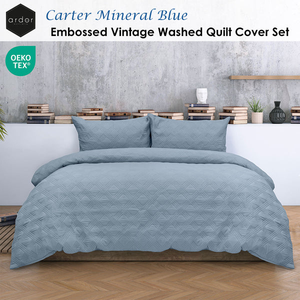 Ardor Carter Embossed Vintage Wash Geometric Quilt Doona Duvet Cover Blue Queen