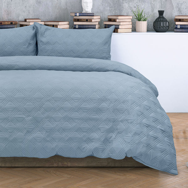 Ardor Carter Embossed Vintage Wash Geometric Quilt Doona Duvet Cover Blue Queen