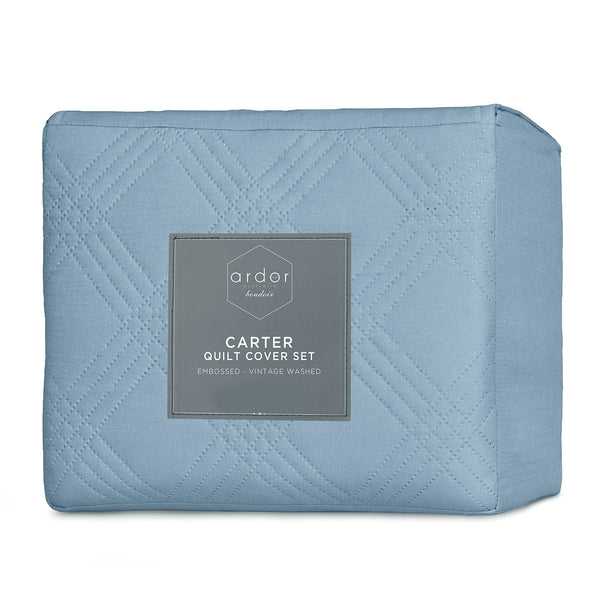 Ardor Carter Embossed Vintage Wash Geometric Quilt Doona Duvet Cover Blue Queen