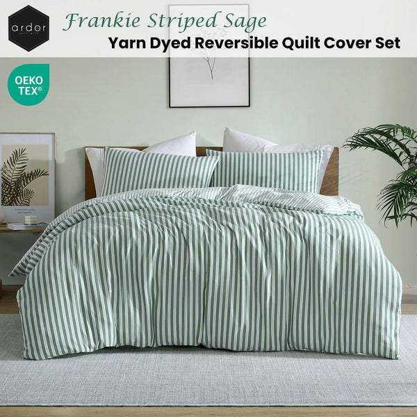 Ardor Frankie Stripe Yarn Dyed Reversible Quilt Doona Duvet Cover Sage Queen
