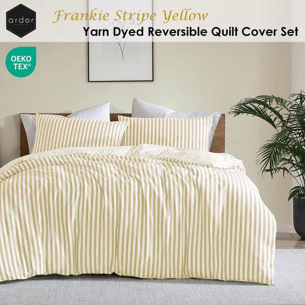 Ardor Frankie Striped Yarn Dyed Reversible Quilt Doona Duvet Cover Yellow Queen