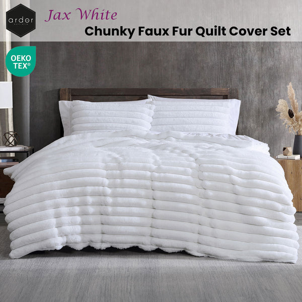 Ardor Jax Chunky Faux Fur Quilt Doona Duvet Cover Set White Queen