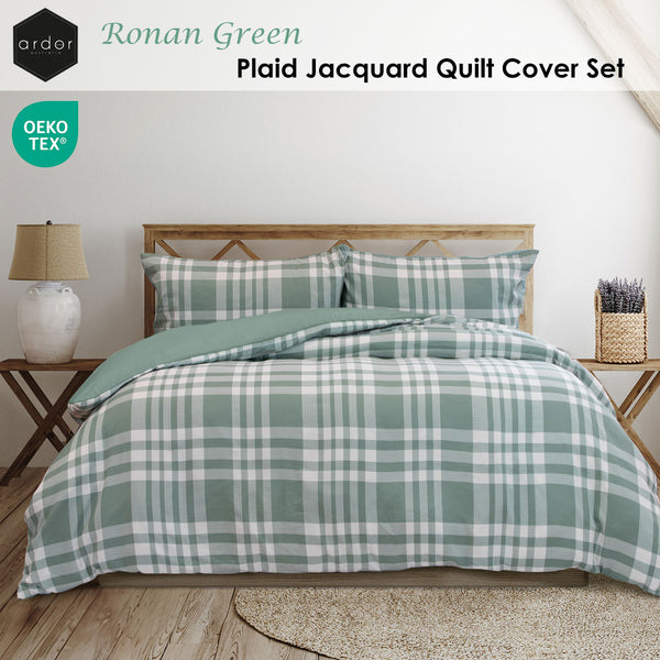 Ardor Ronan Tartan Plaid Jacquard Quilt Doona Duvet Cover Set Green Queen