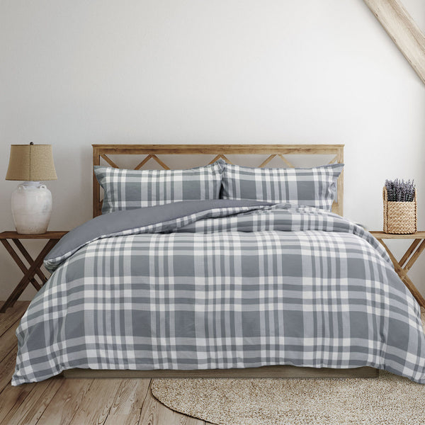 Ardor Ronan Tartan Plaid Jacquard Quilt Doona Duvet Cover Set Grey King