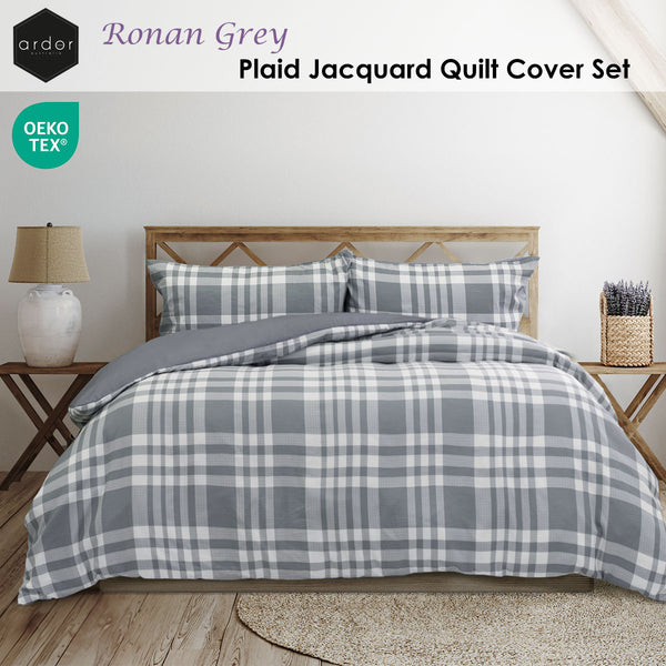 Ardor Ronan Tartan Plaid Jacquard Quilt Doona Duvet Cover Set Grey Queen