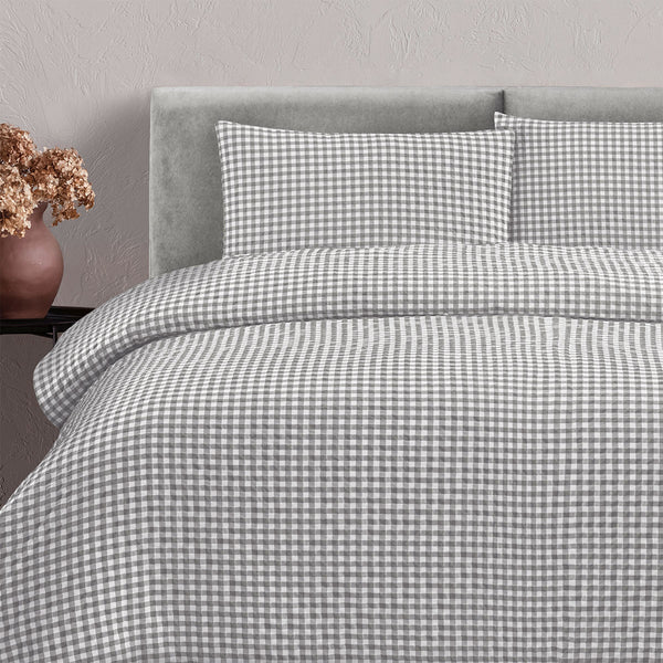 Ardor Rowe Textured Gingham Seersucker Quilt Doona Duvet Cover Grey King
