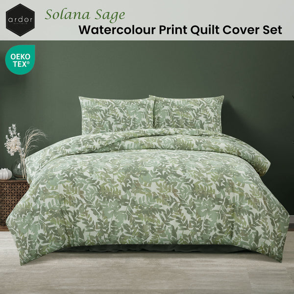 Ardor Solana Foliage Watercolour Print Quilt Doona Duvet Cover Sage King