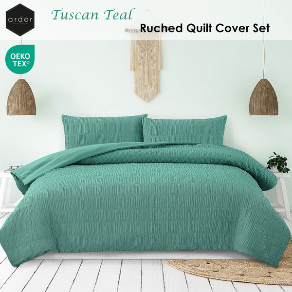 Ardor Tuscan Ruched Quilt Doona Divet Cover Set Teal Queen