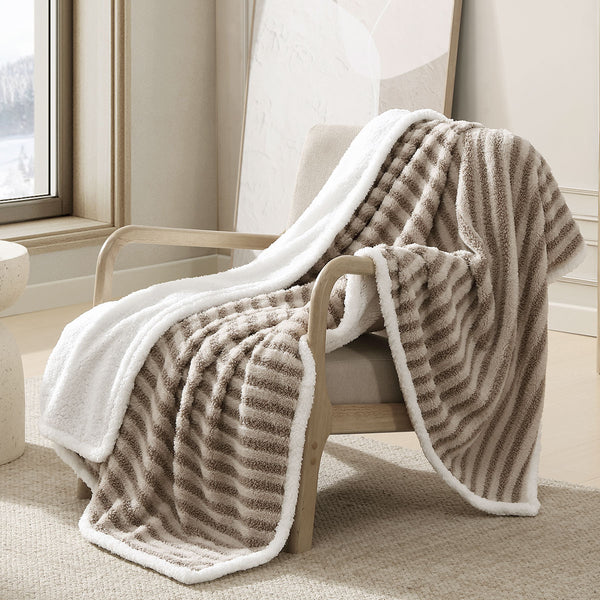 Ardor Carter Striped Boucle Sherpa Reverse Throw Rug Blanket 130 x 170cm Taupe