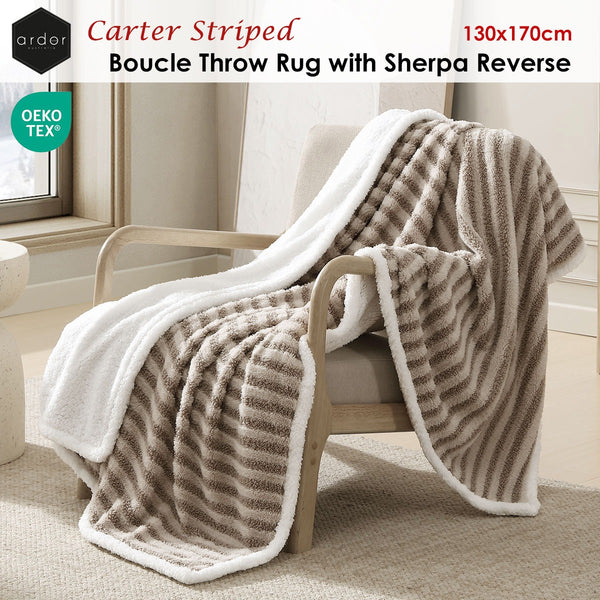 Ardor Carter Striped Boucle Sherpa Reverse Throw Rug Blanket 130 x 170cm Taupe