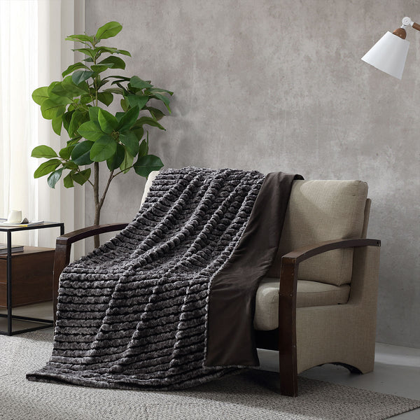Ardor Cole Striped Faux Fur Soft Plush Blanket Throw Rug 130 x 170cm Ash Grey