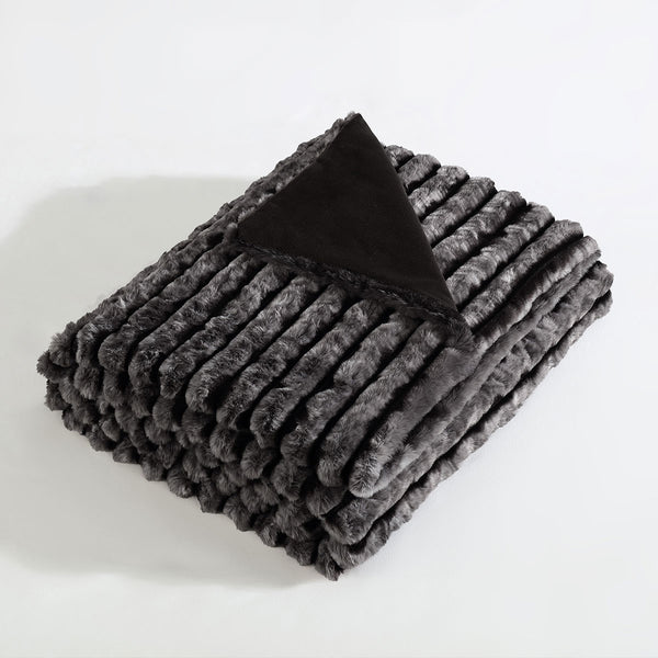 Ardor Cole Striped Faux Fur Soft Plush Blanket Throw Rug 130 x 170cm Ash Grey