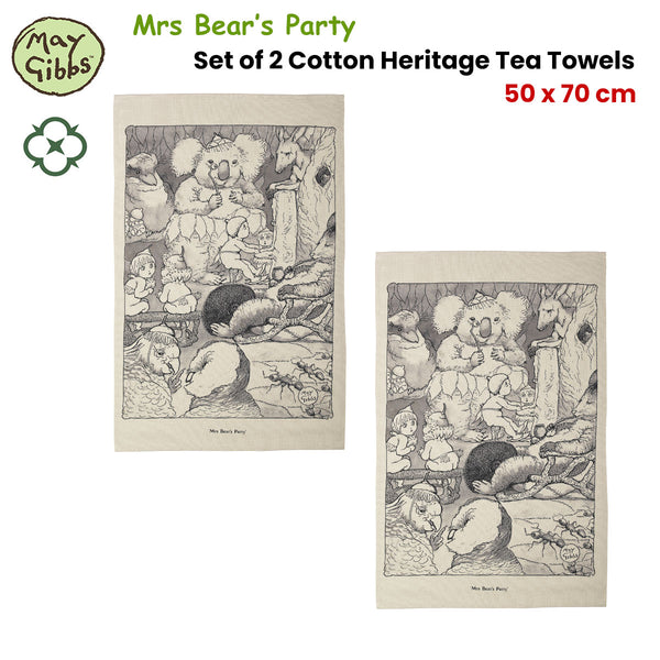 Set of 2 May Gibbs Mrs Bear's Party Cotton Heritage Tea Towels 50 x 70cm