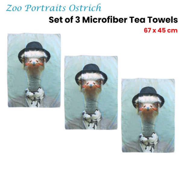 Set of 3 Zoo Portraits Microfibre Kitchen Tea Towels Ostrich 67 x 45 cm