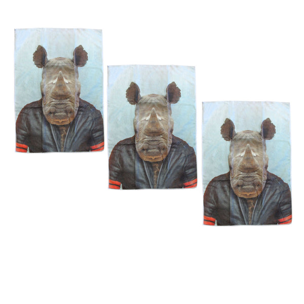 Set of 3 Zoo Portraits Microfibre Kitchen Tea Towels Rhino 67 x 45cm