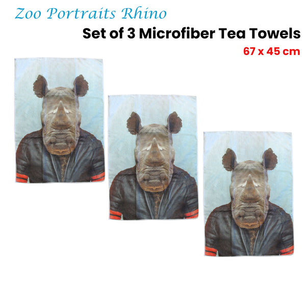 Set of 3 Zoo Portraits Microfibre Kitchen Tea Towels Rhino 67 x 45cm
