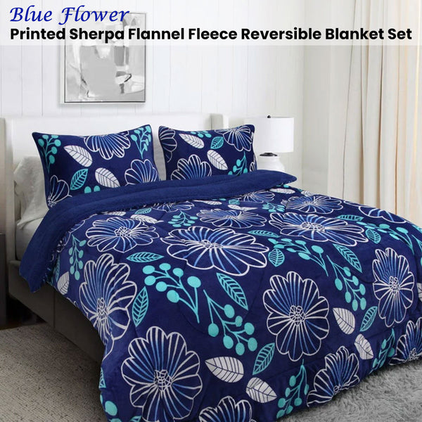 Ramesses Blue Flower Sherpa Flannel Fleece Reversible Comforter Quilt Queen / King