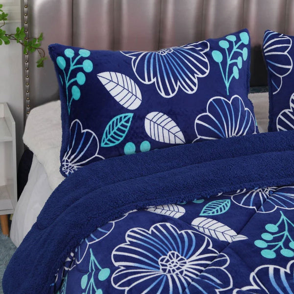 Ramesses Blue Flower Sherpa Flannel Fleece Reversible Comforter Quilt Queen / King