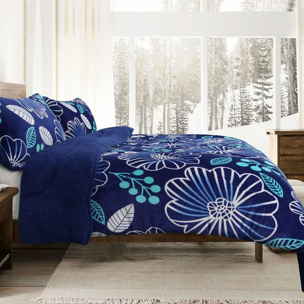 Ramesses Blue Flower Sherpa Flannel Fleece Reversible Comforter Quilt Queen / King
