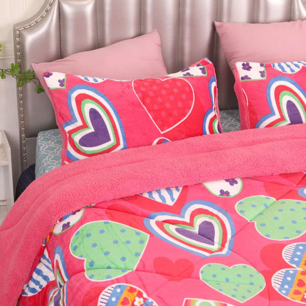 Ramesses Pink Heart Sherpa Flannel Fleece Reversible Comforter Quilt Single / Double
