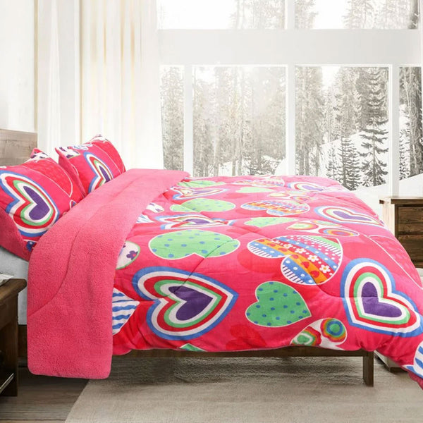 Ramesses Pink Heart Sherpa Flannel Fleece Reversible Comforter Quilt Single / Double