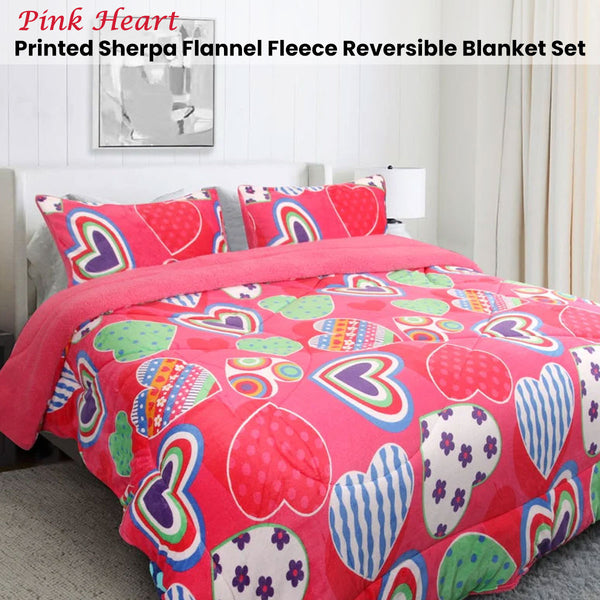 Ramesses Pink Heart Sherpa Flannel Fleece Reversible Comforter Quilt Queen / King