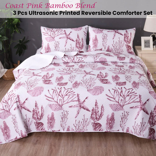 Ramesses 3 Pce Coast Pink Bamboo Blend Reversible Comforter Bedspread King