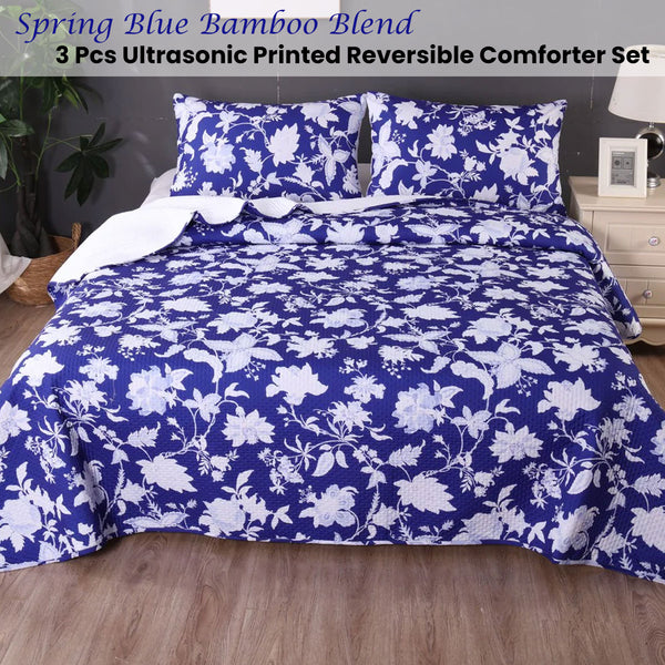 Ramesses 3 Pce Spring Blue Bamboo Blend Reversible Comforter Bedspread King