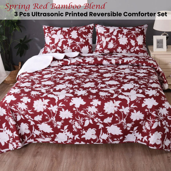 Ramesses 3 Pce Spring Red Bamboo Blend Reversible Comforter Bedspread King