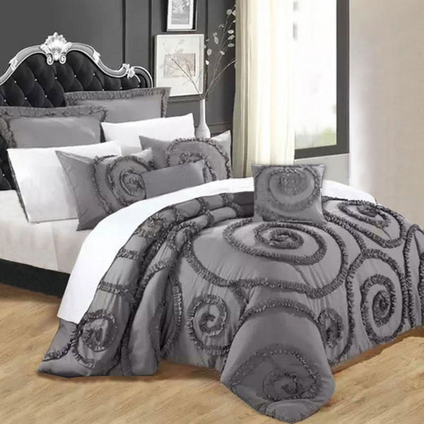 Ramesses 7 Pce Floral Ruffled Comforter Bedspread Coverlet Cushion Set Grey Queen