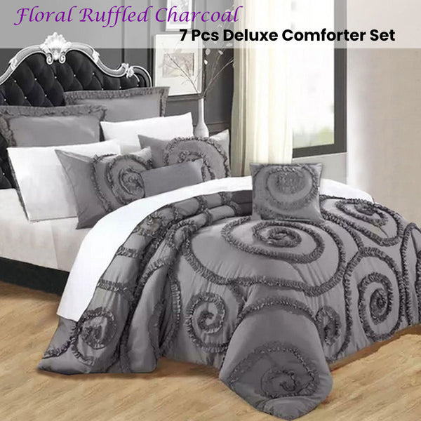 Ramesses 7 Pce Floral Ruffled Comforter Bedspread Coverlet Cushion Set Grey Queen