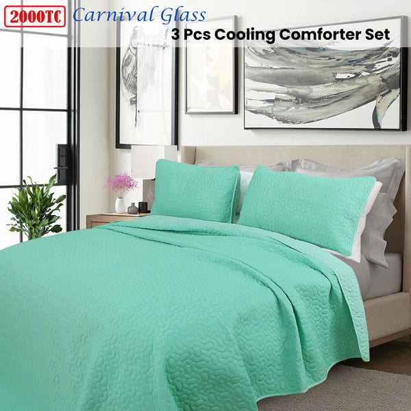 Shangri La 3 Pce 2000TC Cooling Embroidered Comforter Bedspread Green Queen