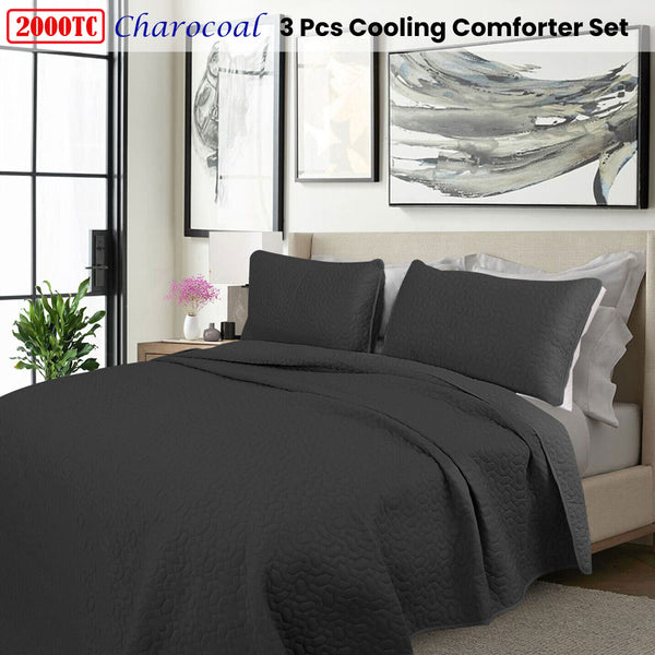 Shangri La 3 Pce 2000TC Grey Cooling Embroidered Comforter Bedspread King