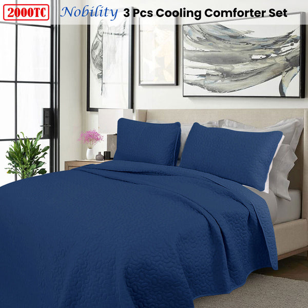 Shangri La 3 Pce 2000TC Navy Cooling Embroidered Comforter Bedspread King