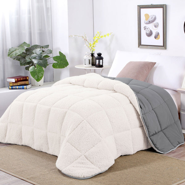 Shangri La 3 Pce Microfibre Sherpa Fleece Reversible Comforter Grey Cream Queen