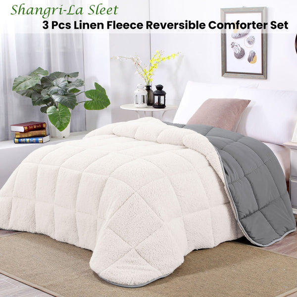 Shangri La 3 Pce Microfibre Sherpa Fleece Reversible Comforter Grey Cream Queen