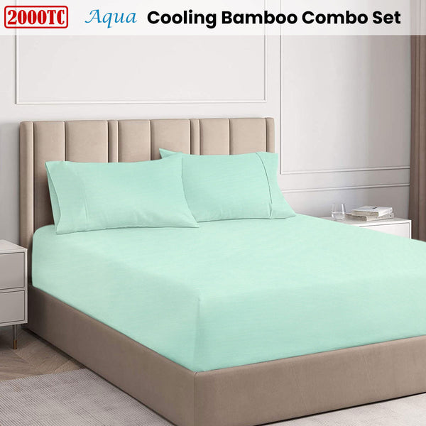 Ramesses 2000TC Cooling Bamboo Fitted Sheet Pillowcase Set Aqua King Single