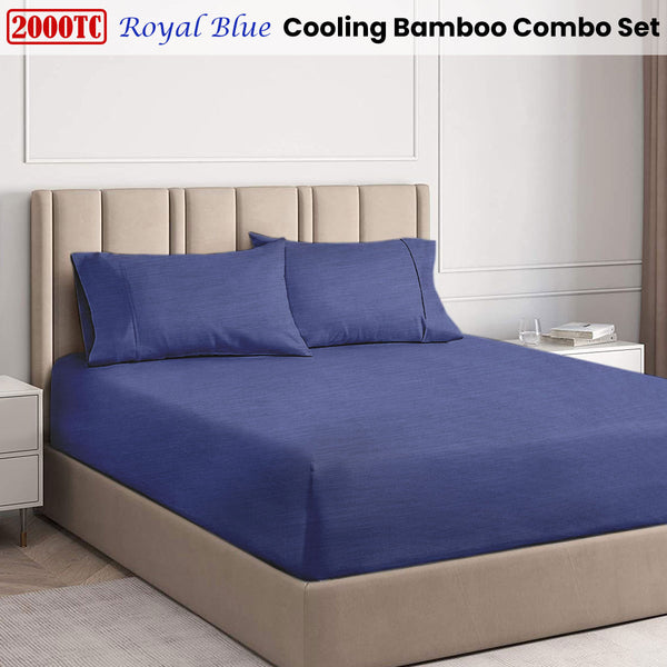 Ramesses 2000TC Bamboo Fitted Sheet Pillowcase Set Royal Blue Double