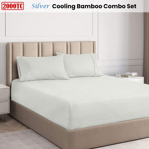 Ramesses 2000TC Cooling Bamboo Fitted Sheet Pillowcase Set Silver Double