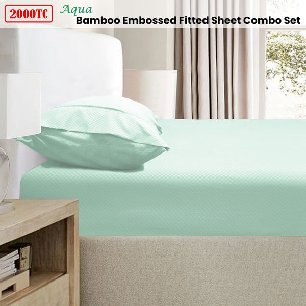 Ramesses 2000TC Bamboo Blend Embossed Fitted Sheet Set Aqua Double