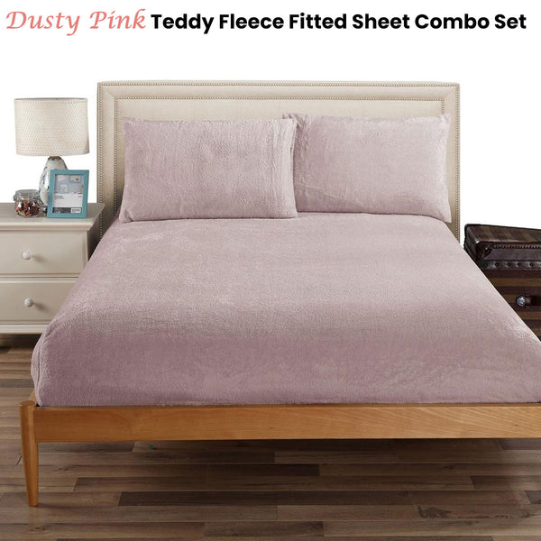 Ramesses Teddy Fleece Fitted Sheet Pillowcase Set Dusty Pink King